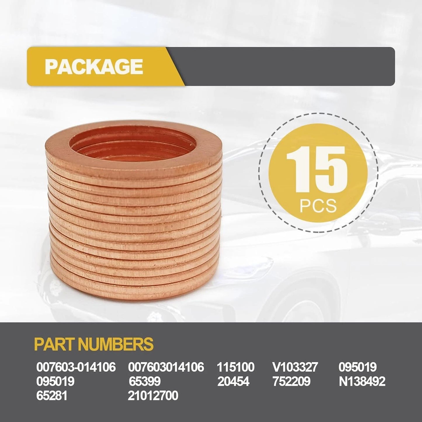 15-piece copper oil drain gasket set with compatible OEM part numbers listed