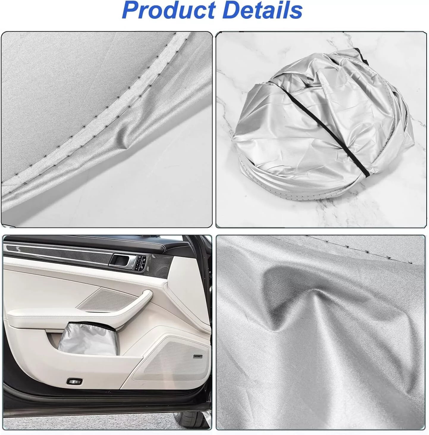 Close-up images of folding, stitching, material texture, and storage pouch of 210T sunshade