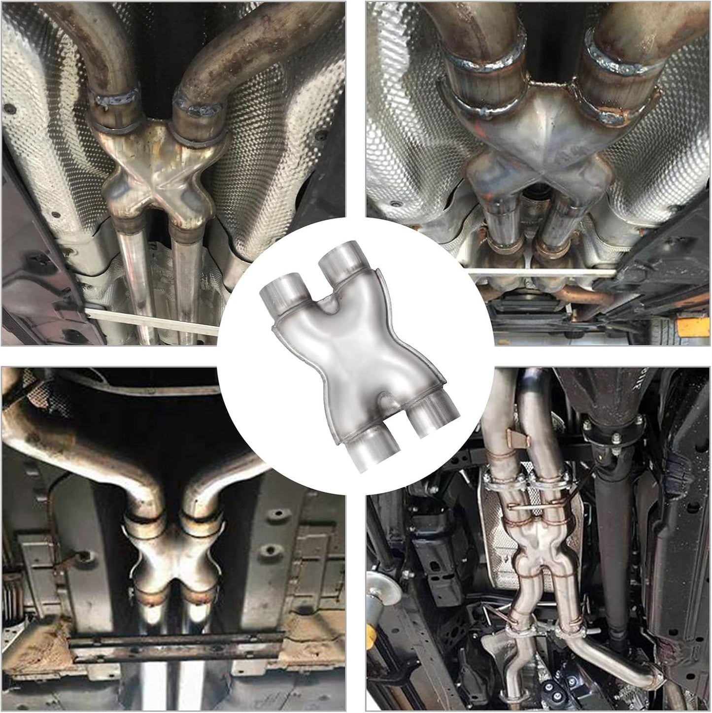 2.25 inch X-pipe installed examples undercarriage, universal dual-exhaust crossover