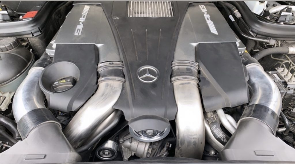 Mercedes AMG M157 engine with upgraded billet aluminum pulley set for improved performance and durability