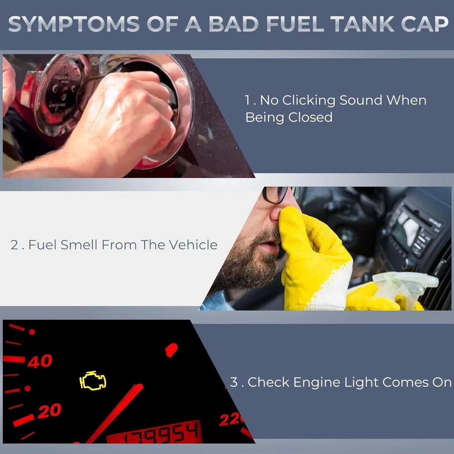 Symptoms of a bad fuel cap – no click, fuel smell, and check engine light
