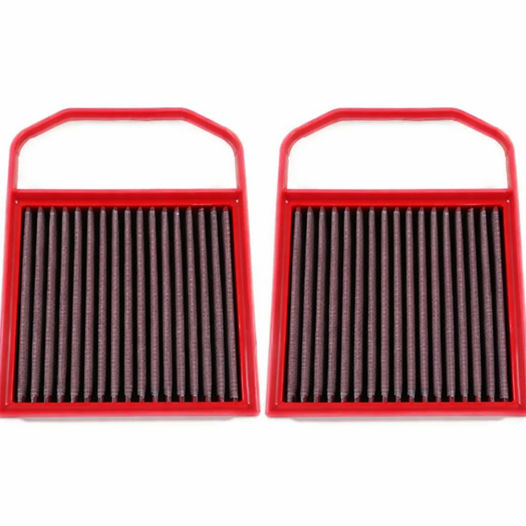 BMC performance air filter in factory airbox on Mercedes M276 twin-turbo V6 C43 AMG – retains OEM heat shielding for consistent power and better throttle response vs open intakes