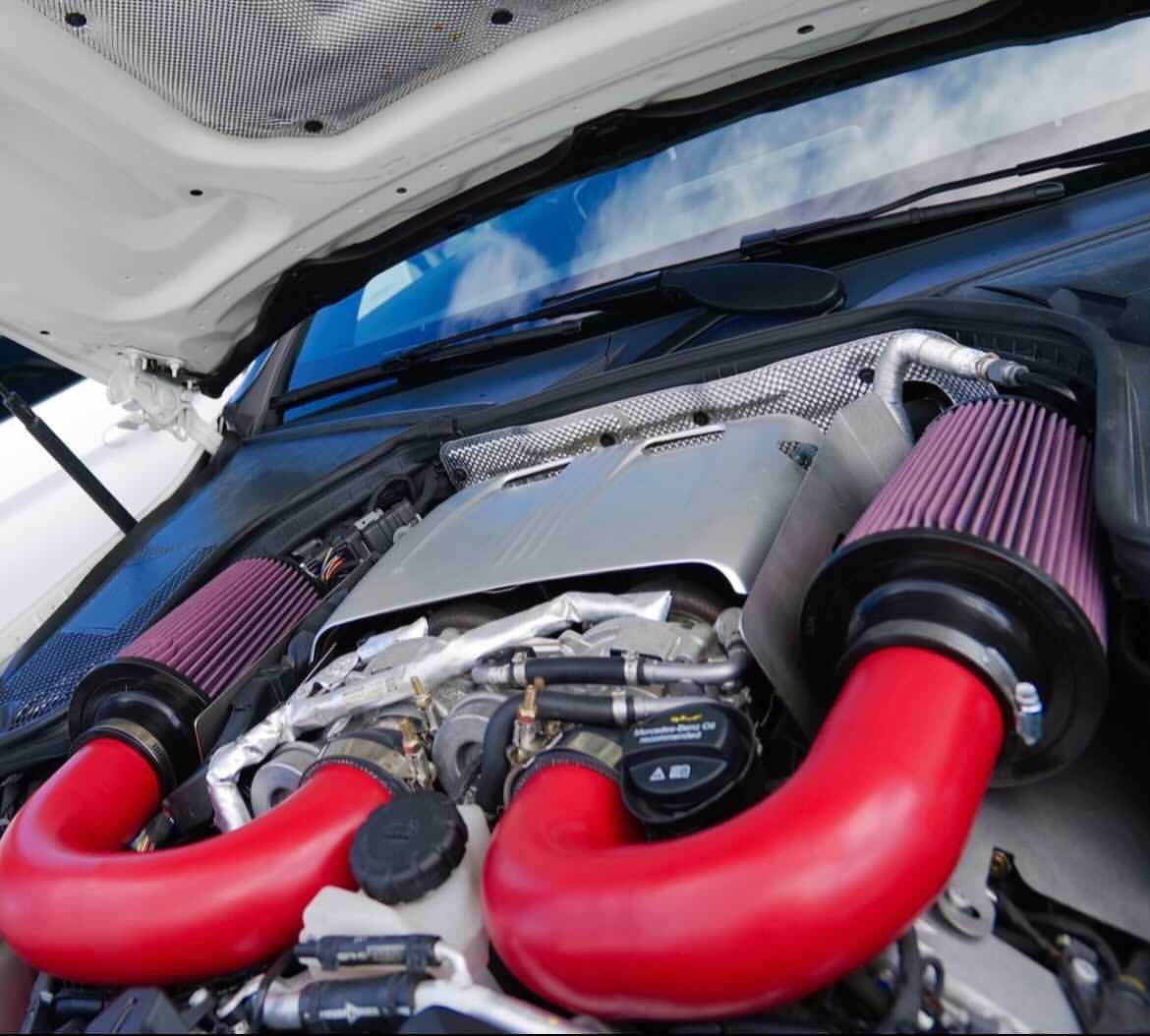 Red Cerakoted Dual Intake Kit Installed on Mercedes C63S AMG