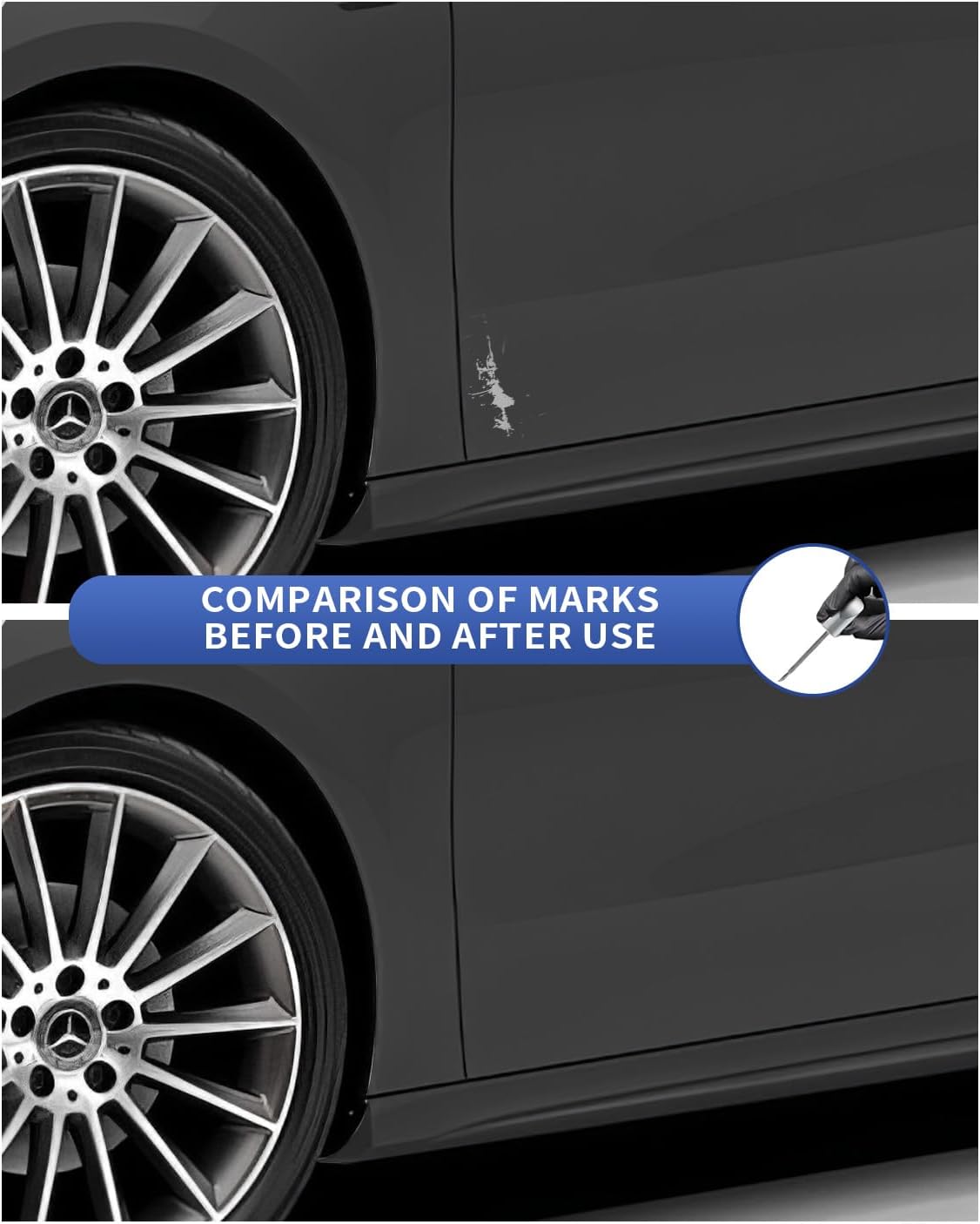 Scratch repair on Mercedes car panel using OEM-matched touch-up paint pen
