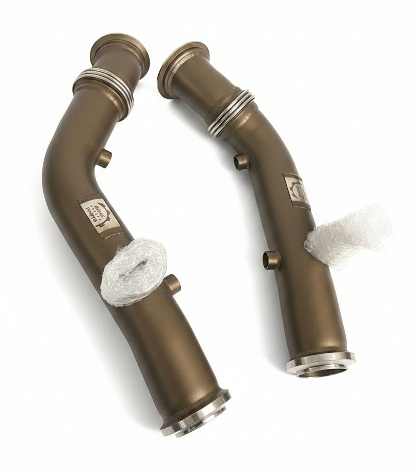 Ceramic coated downpipes with premium flex sections on both ends for Mercedes C43 AMG, C450 AMG, E43 AMG, E400, E450 M276 3.0T – full product pair view