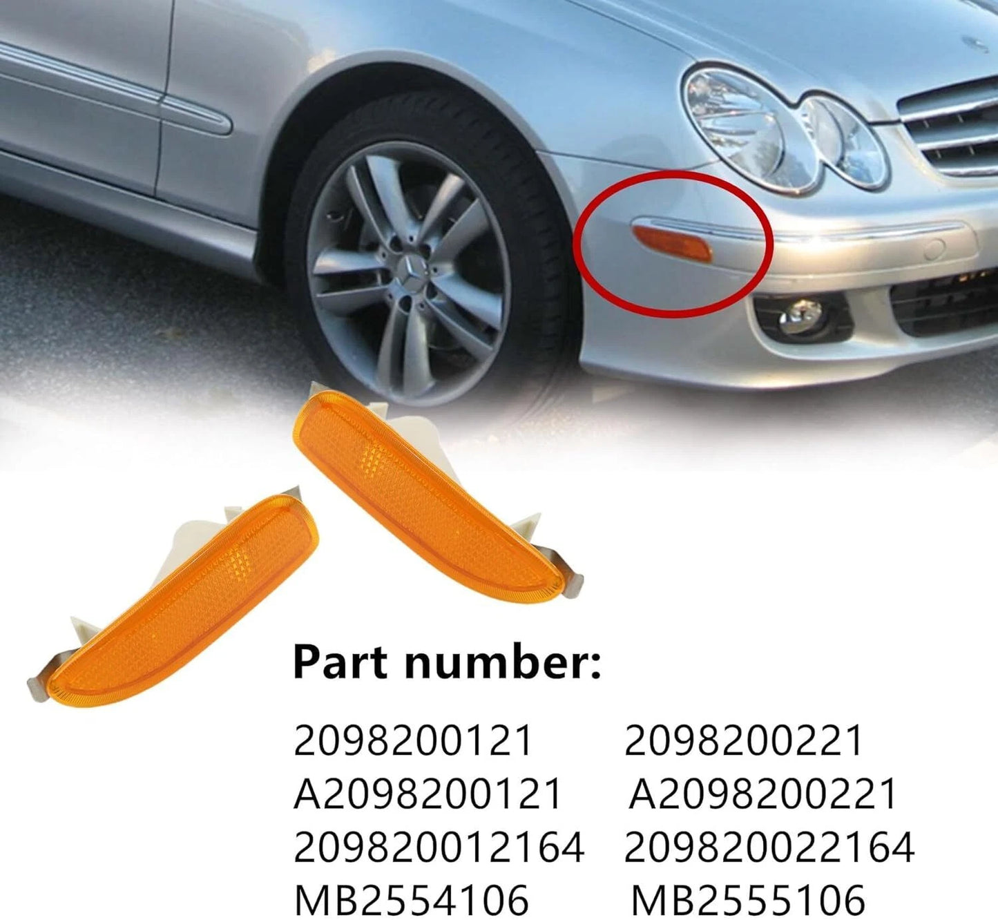 OEM part numbers for W209 side marker lights with fitment location shown on vehicle