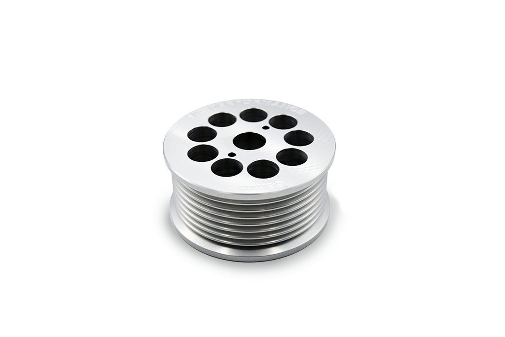Close-up front view of lightweight clutch delete supercharger pulley for M113K AMG engines