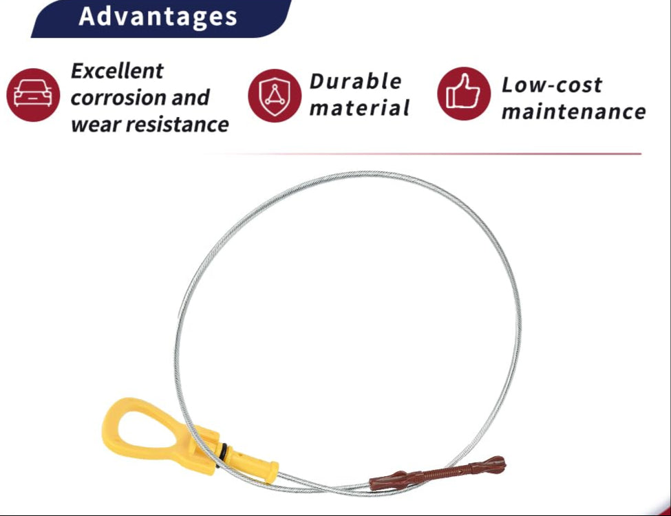 Engine oil dipstick showcasing advantages: corrosion resistance, durable material, and low-cost maintenance