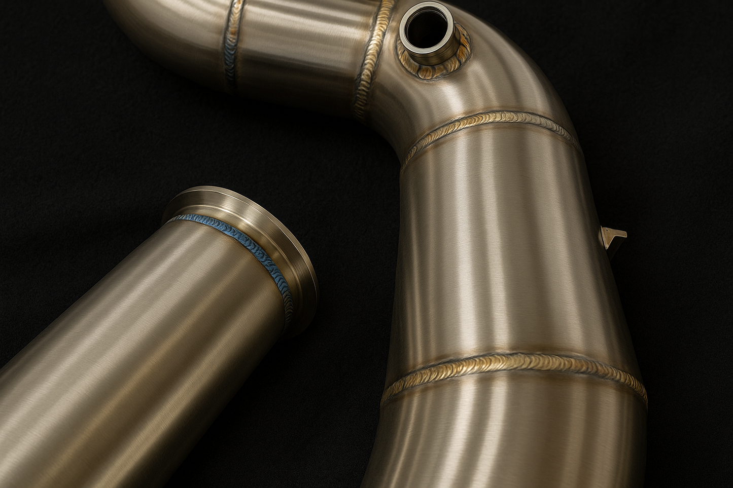 Close-up of TIG-welded stainless steel catless downpipe for 2018–2023 Mercedes-AMG E63 / E63S W213, showcasing precision craftsmanship