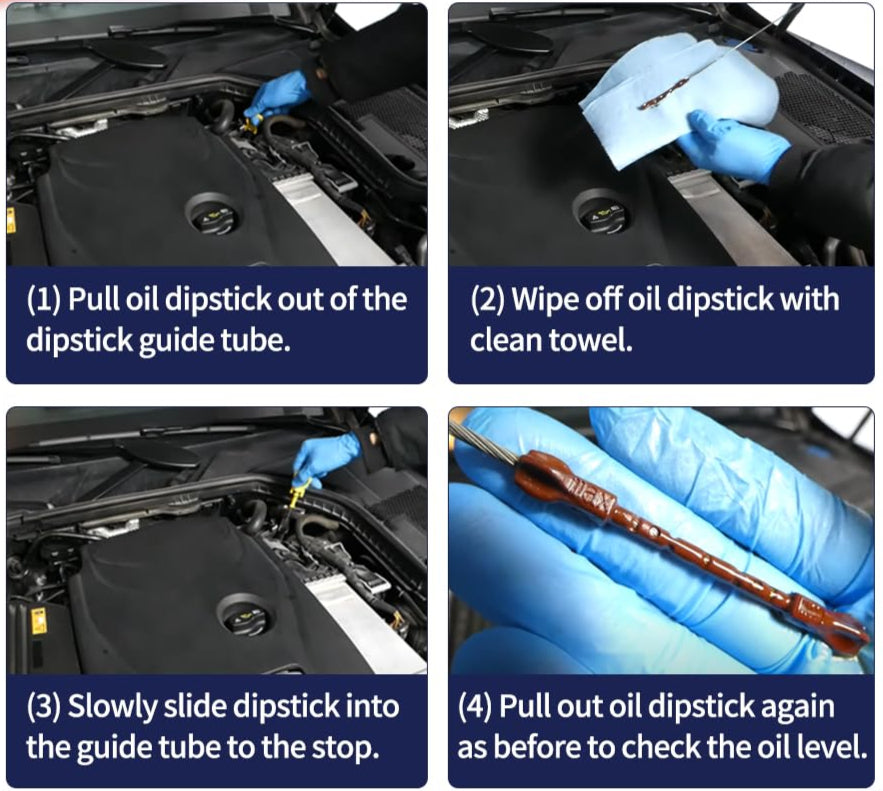 Step-by-step oil dipstick usage instructions showing how to check oil level on Mercedes engine