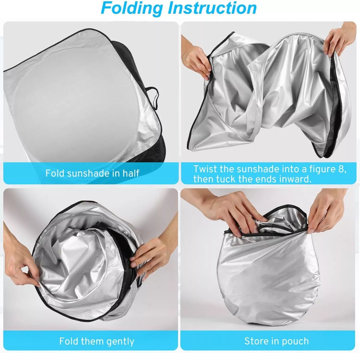 Step-by-step folding instructions for compact storage of Mercedes sunshade into pouch