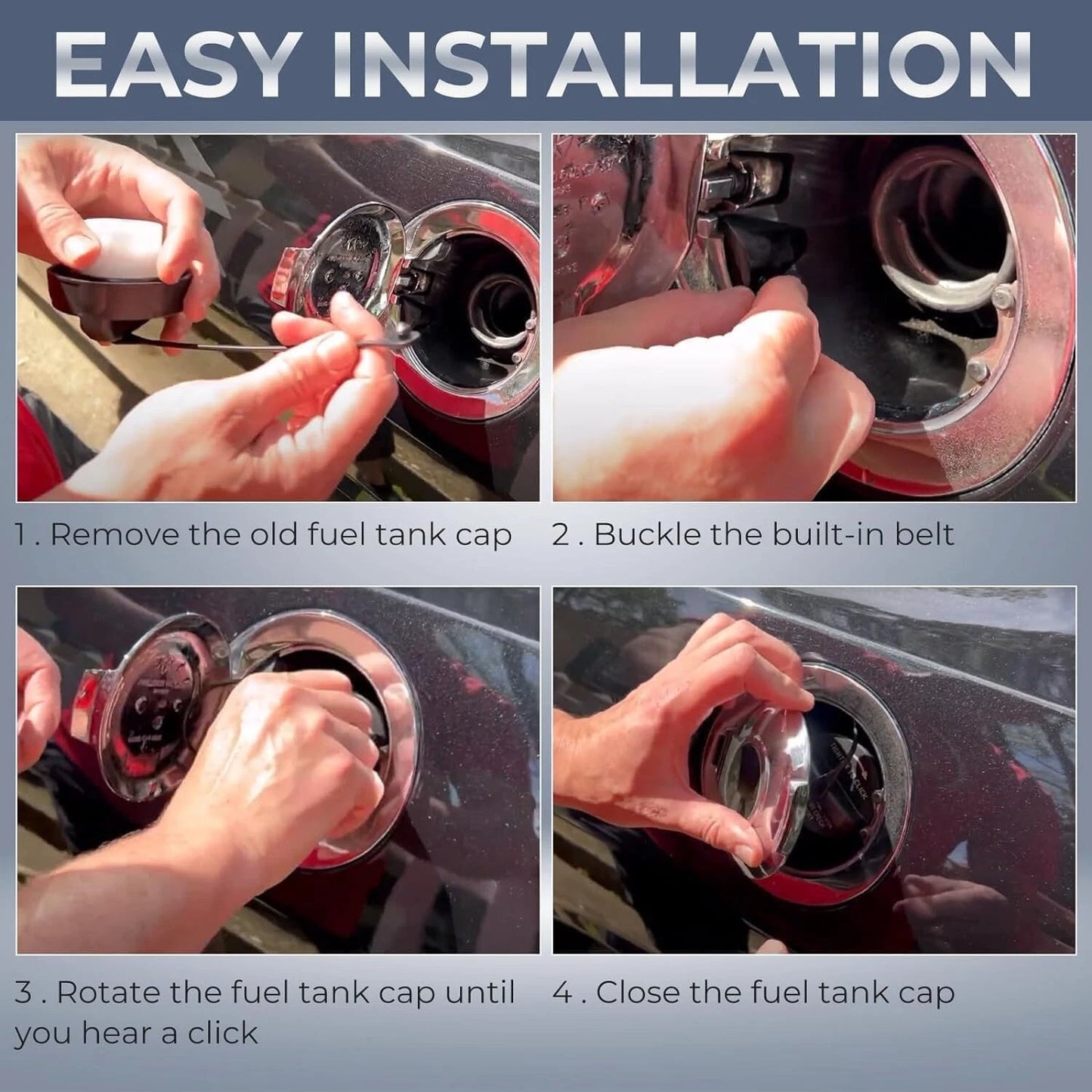 Installation guide showing 4 steps to replace Mercedes fuel tank cap