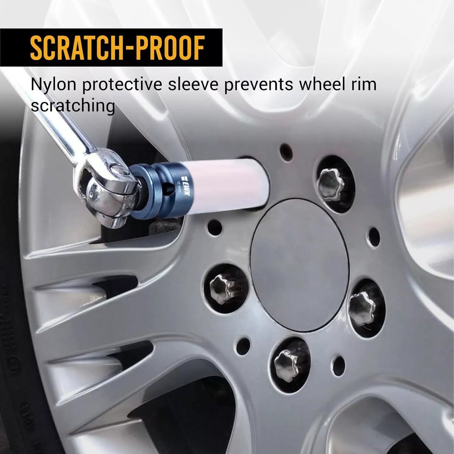 Nylon protective sleeve prevents wheel rim scratches during lug nut removal