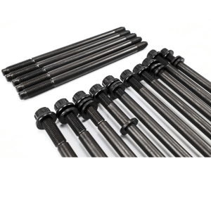 Installed M156 AMG H-13 head studs securing cylinder head to engine block showing proper placement