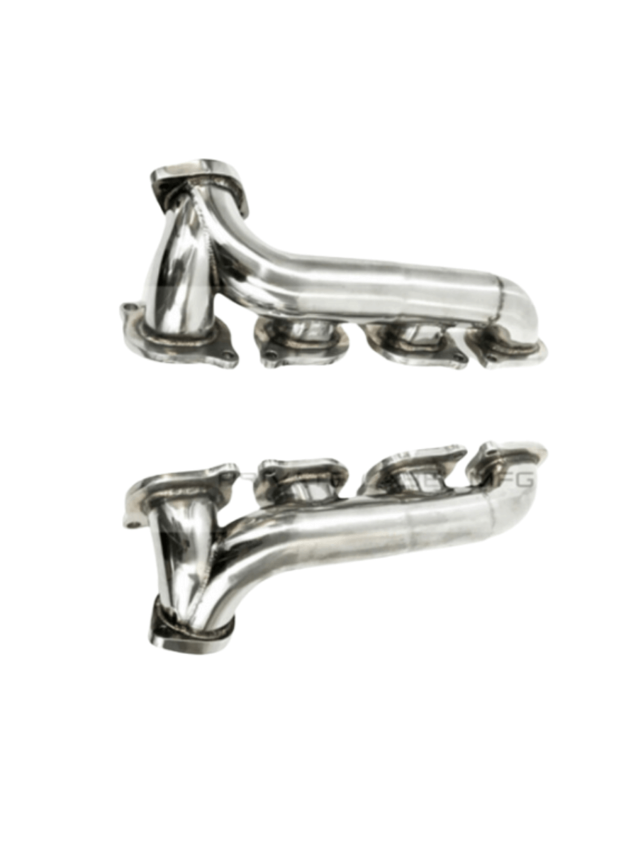 Stainless steel TIG-welded shorty headers for Mercedes M156 6.2L V8, showing 304 stainless construction, CNC flanges, and collector design for C63, E63, and CLS63 AMG performance