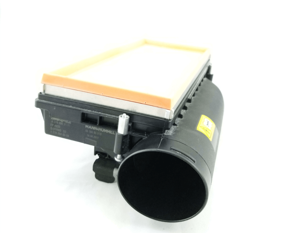 Mercedes-Benz M157/M278 intake airbox and filter housing with CNC spacer kit – side view highlighting airflow path and fitment.