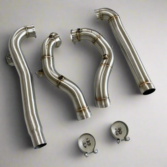 Performance exhaust downpipes for Mercedes-AMG E63/E63s, crafted for increased power and a deep, aggressive exhaust tone