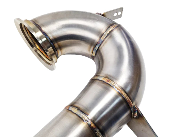Close-up of TIG welds on Mercedes M256 stainless steel downpipe for AMG performance models