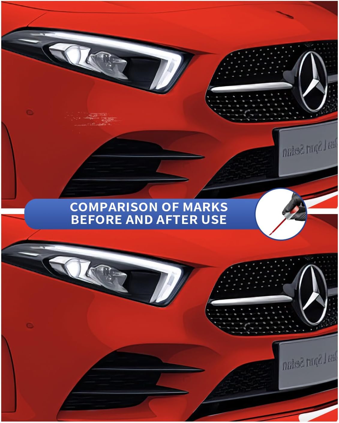 Mars Red 590/3590 Mercedes-Benz bumper scratch repaired using touch-up paint pen