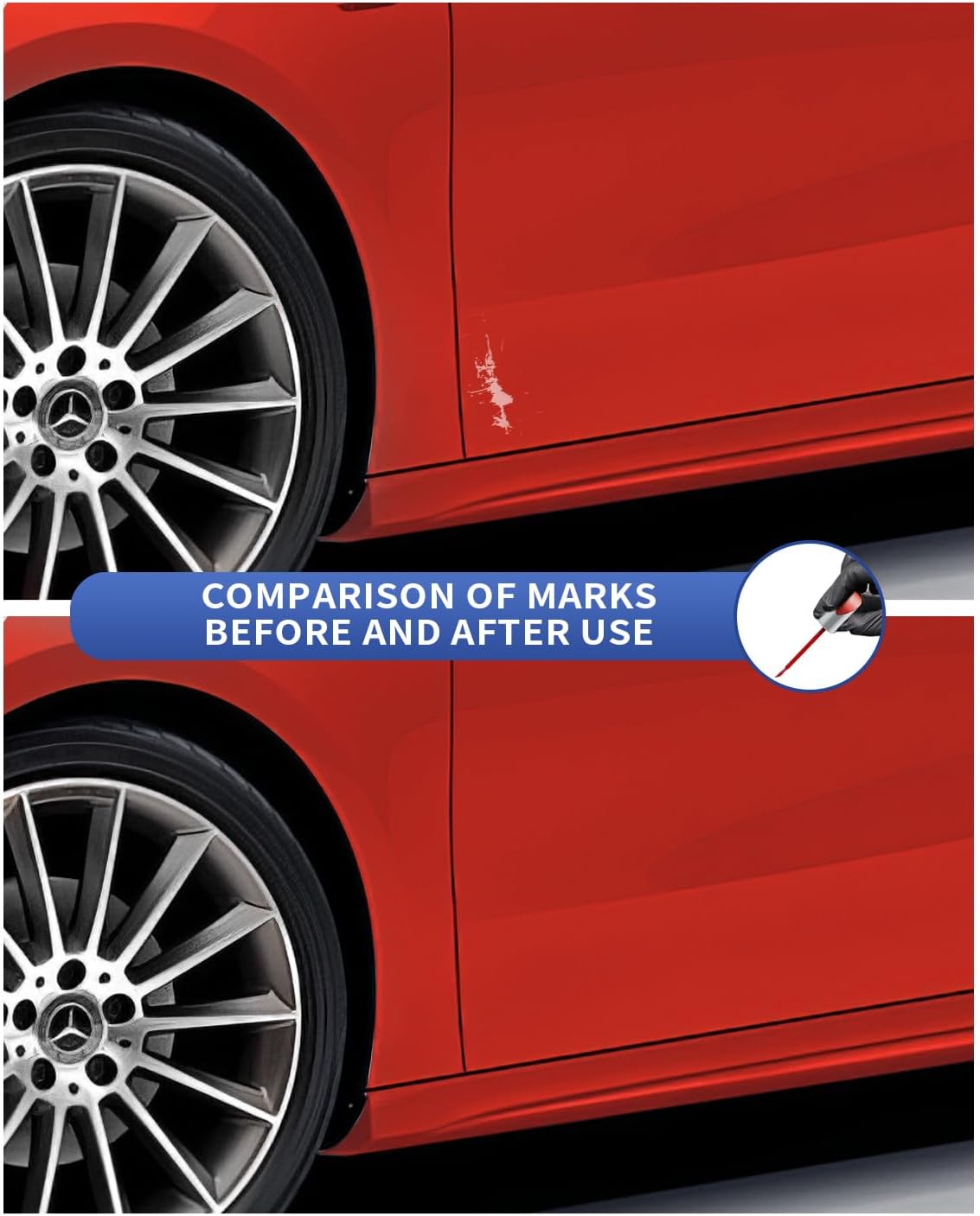 Before and after comparison of Mars Red 590/3590 Mercedes paint repair on door panel