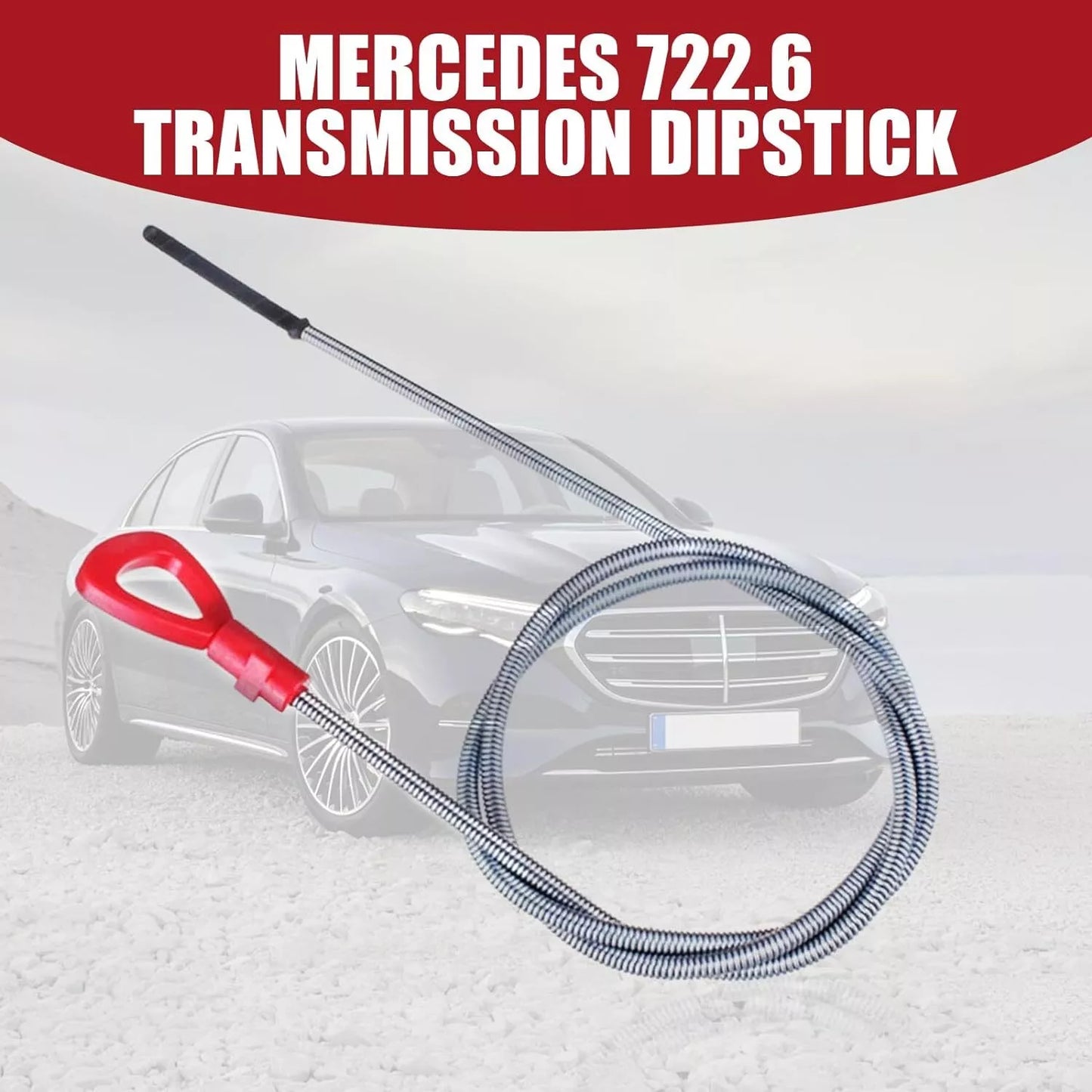 Mercedes 722.6 transmission dipstick with red handle shown in front of luxury sedan – part 140589152100