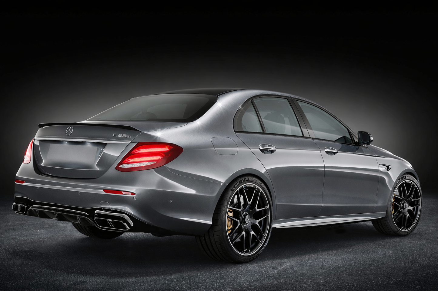 Rear three-quarter view of Mercedes-AMG E63 W213, commonly paired with ECU tuning, downpipes, and cooling upgrades for the M177 V8