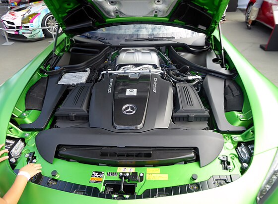 Mercedes-AMG GT R engine bay featuring the M178 twin-turbo V8 engine