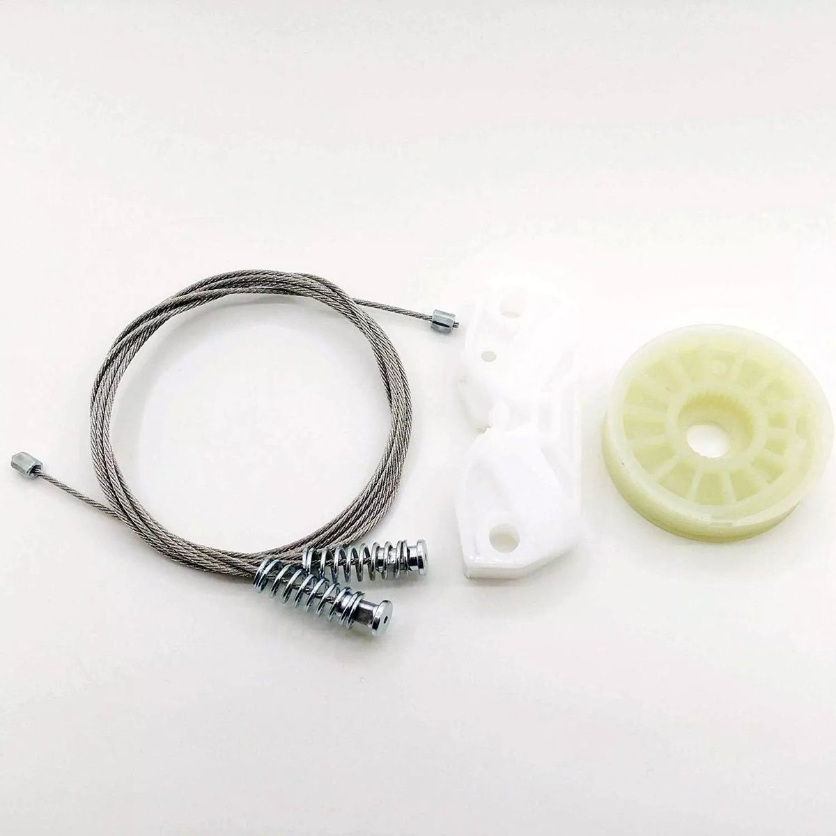 Steel cable, white carrier and pulley from the Mercedes CLK W209 rear quarter window regulator repair kit