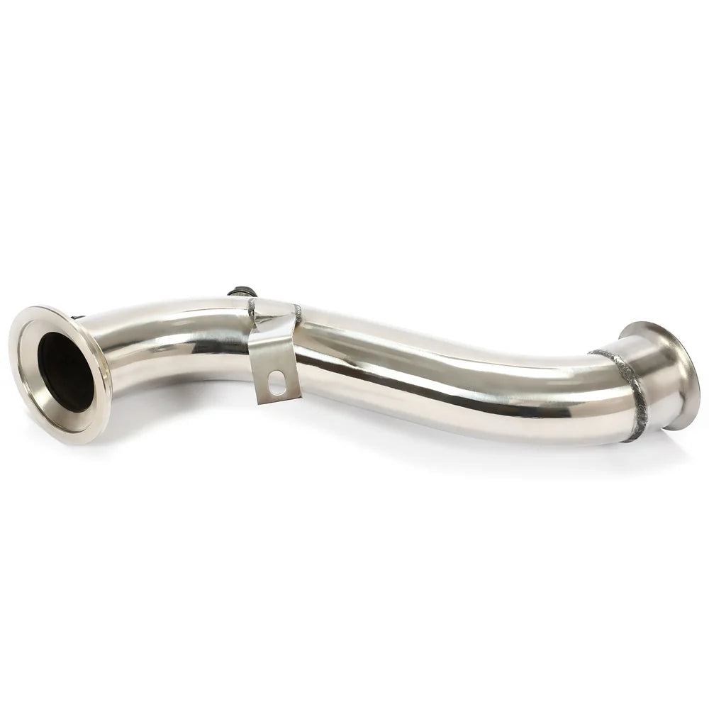 Mercedes E300 M274 catless downpipe with CNC flanges, TIG welds, and OEM fitment