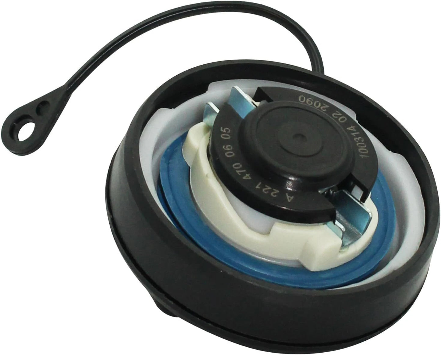 Bottom view of Mercedes fuel cap showing rubber seal and part number 2214700605