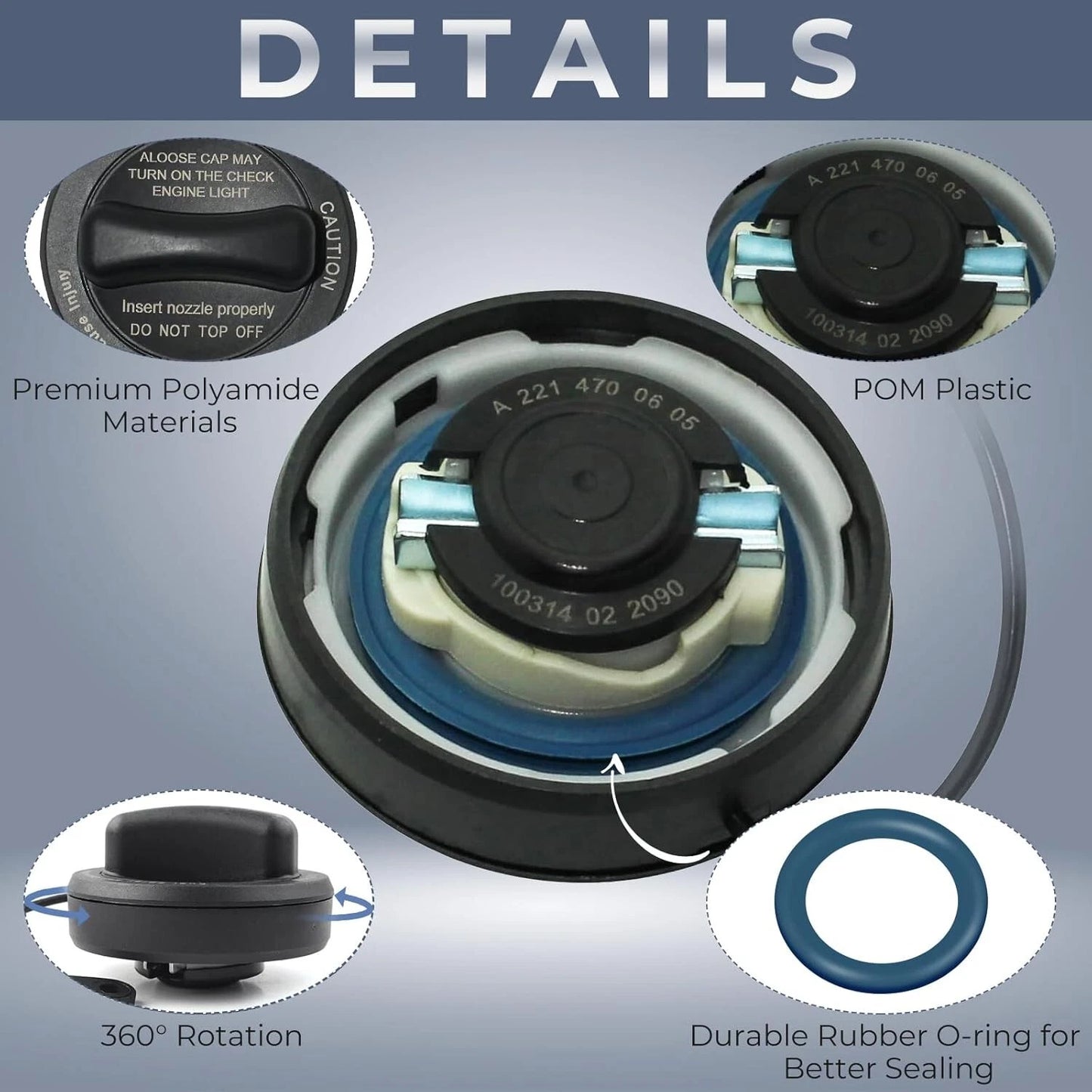 Details of Mercedes gas cap materials including polyamide, POM plastic, and rubber O-ring