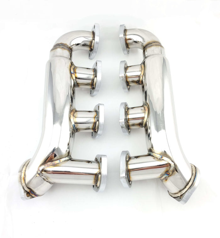 Log style shorty headers for Mercedes-Benz M113K supercharged V8 engine bolt-on upgrade