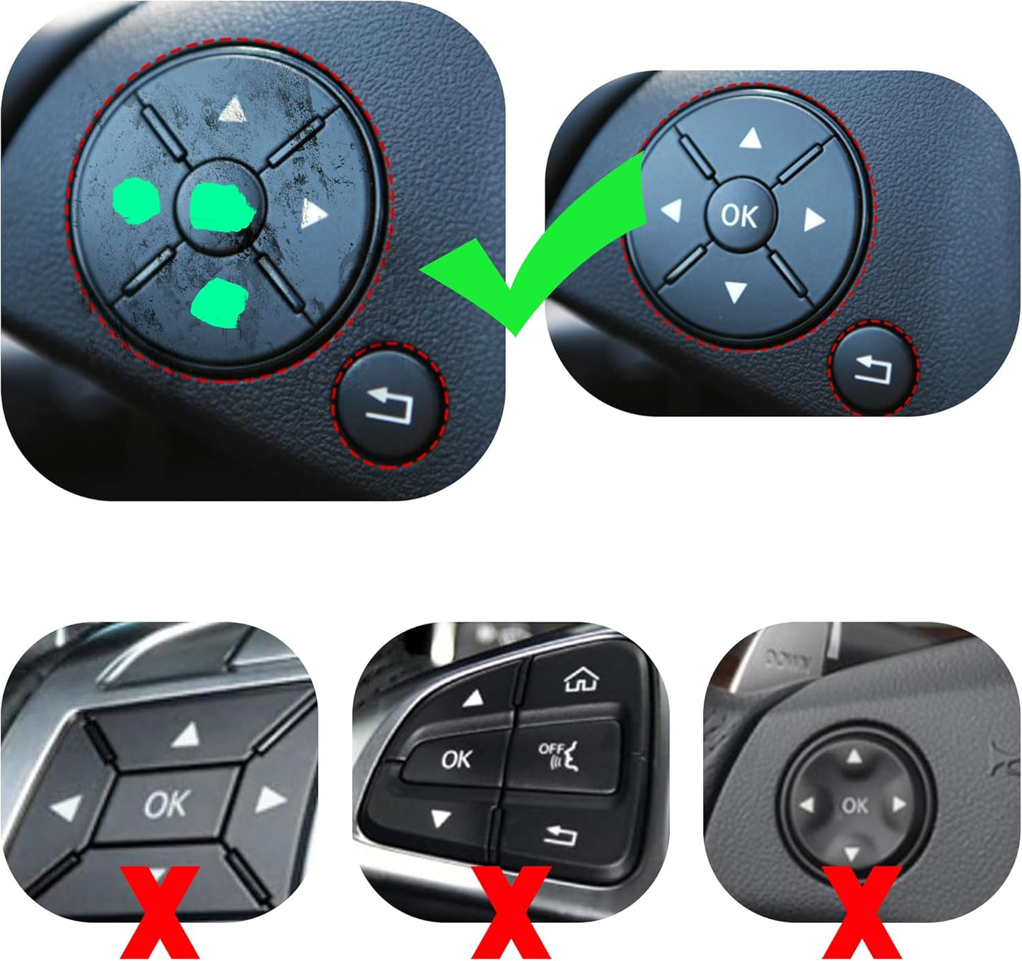 Correct vs incorrect Mercedes button styles for steering overlay compatibility check