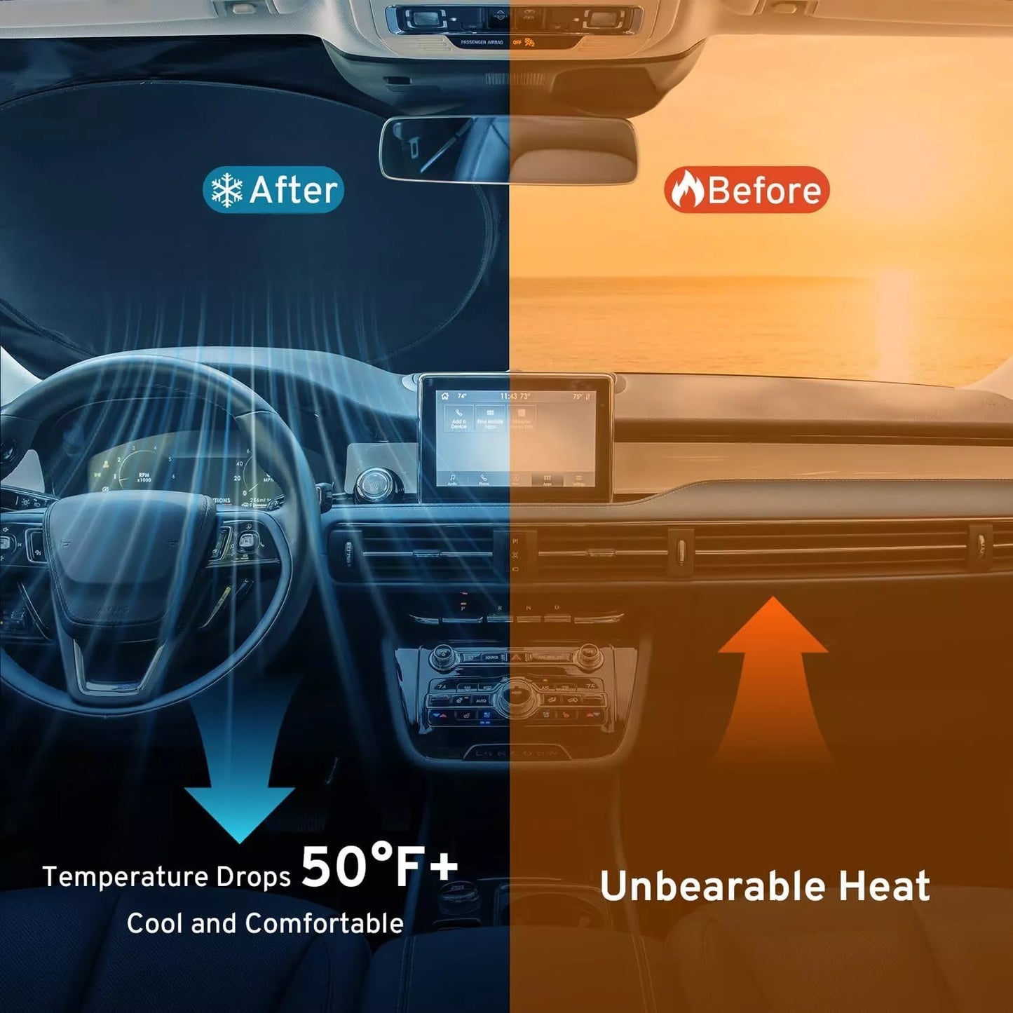 Mercedes-Benz dashboard before and after sunshade use showing 50°F temperature drop