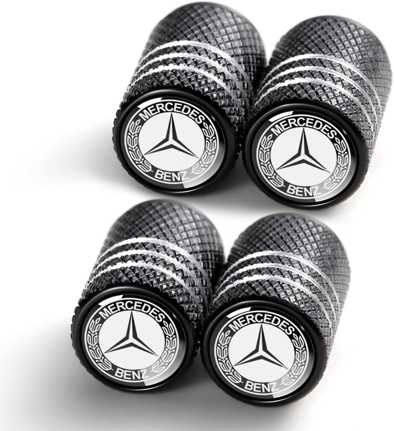 Set of 4 black Mercedes-Benz tire valve stem caps with raised logo, corrosion-resistant with O-ring seal