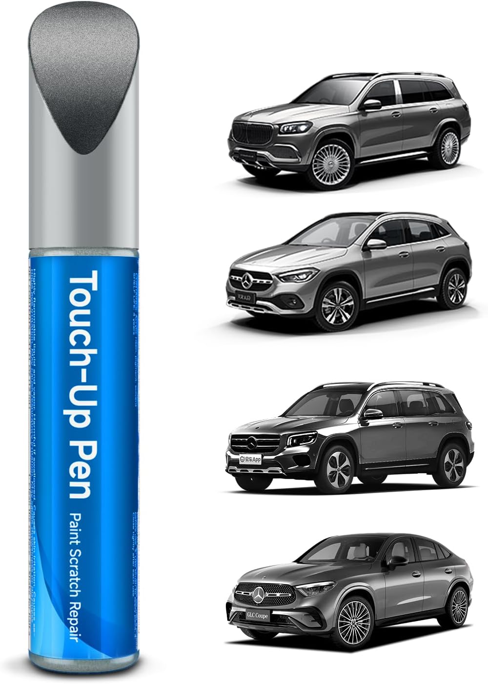 OEM color-matched Mercedes-Benz touch-up paint pen with compatible vehicles in background