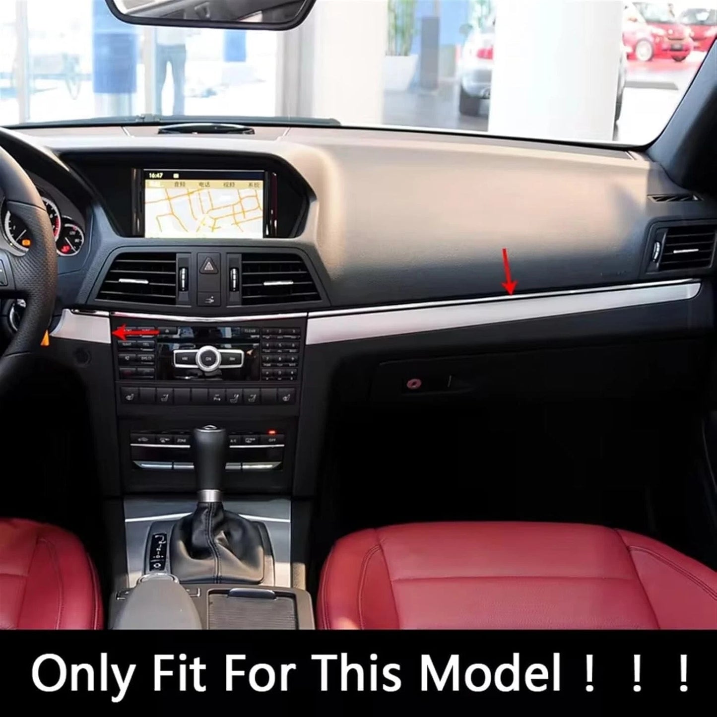 Interior fitment example for Mercedes W207 E-Class Coupe with carbon glove box trim location highlighted