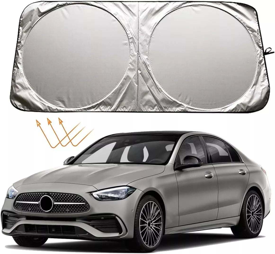 Custom-fit Mercedes-Benz windshield sunshade with reflective 210T fabric for GLC, C-Class, and E-Class