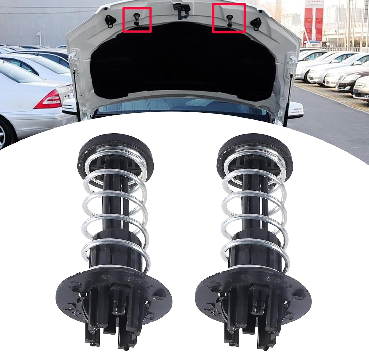 Mercedes hood catch spring mounting points on hood underside