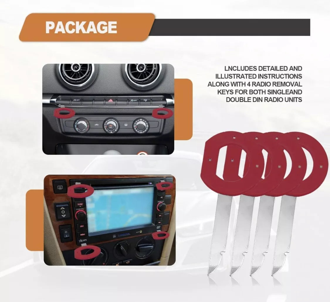 Complete radio removal kit for Mercedes, VW, Audi with stereo slot demo and tool set