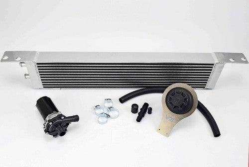Stage 2 split cooling kit for Mercedes M113K AMG showing heat exchanger, intercooler pump and coolant lines