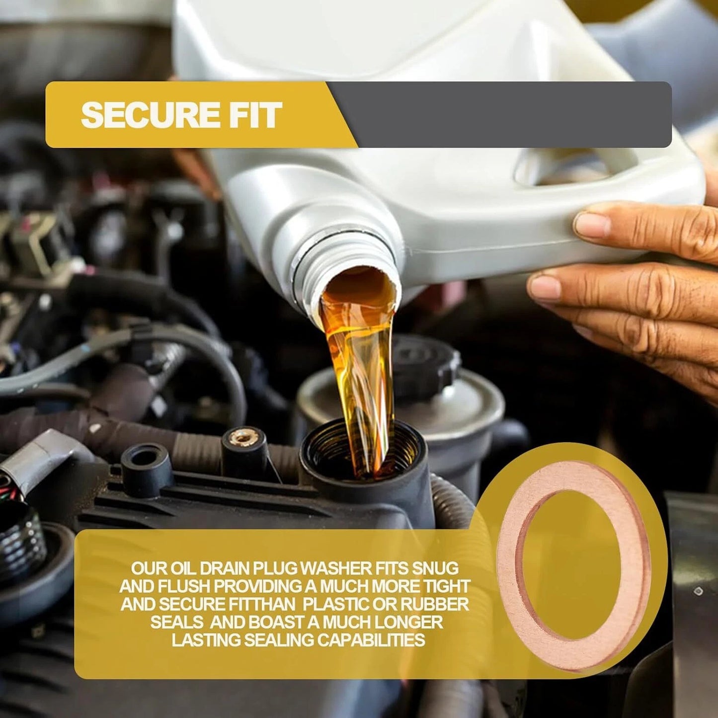 Mechanic pouring oil during oil change with copper drain plug gasket installed for tight seal