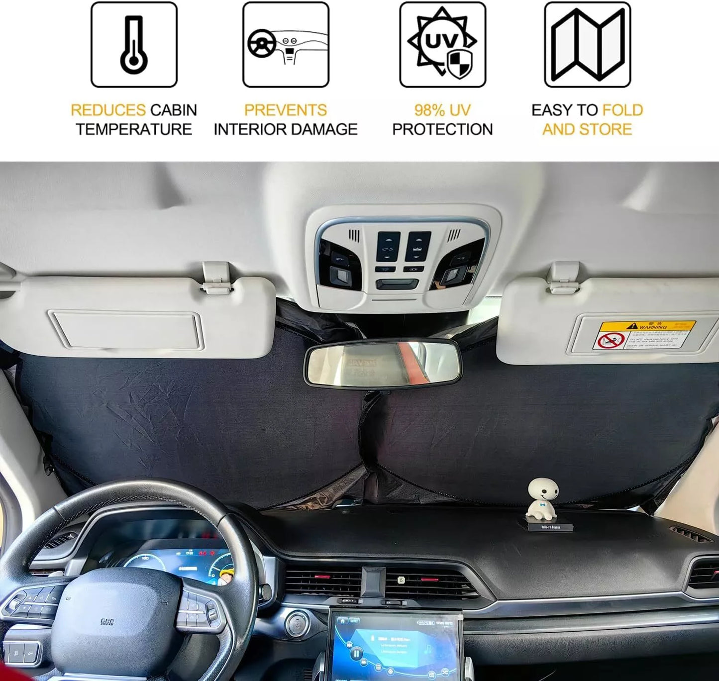 Reflective sunshade installed inside Mercedes-Benz using visors for secure no-slip fit