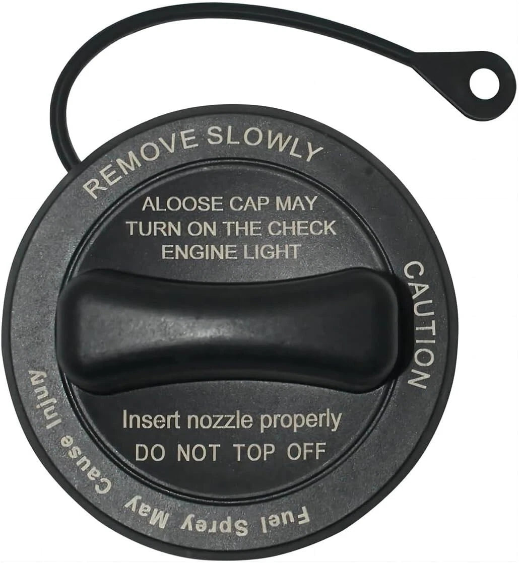 Top view of Mercedes fuel cap with printed warning and turn instructions