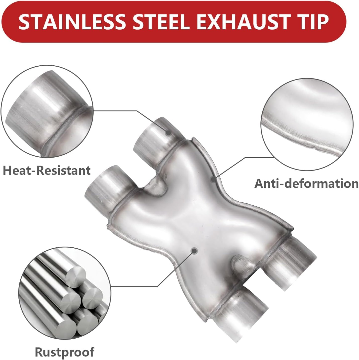 2.25 inch X-pipe detail collage showing heat-resistant design and anti-deformation features