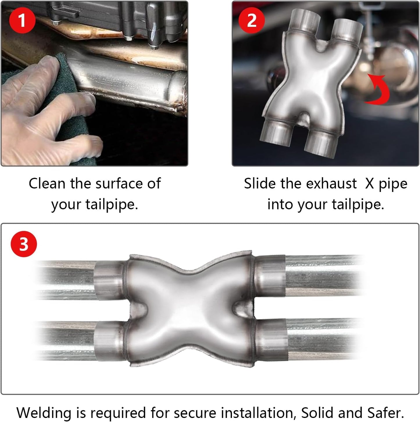 2.25 inch X-pipe installation steps—clean, slide on, weld for secure fit