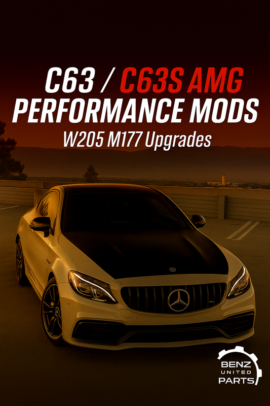 Mercedes-AMG W205 C63 and C63 S M177 engine bay with performance upgrades including downpipes, intake system and turbo components