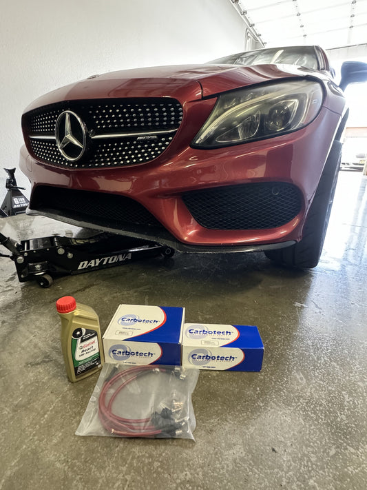 Mercedes-Mercedes-Benz C43 AMG track brake setup with Carbotech pads, braided brake lines, and racing brake fluide fluid