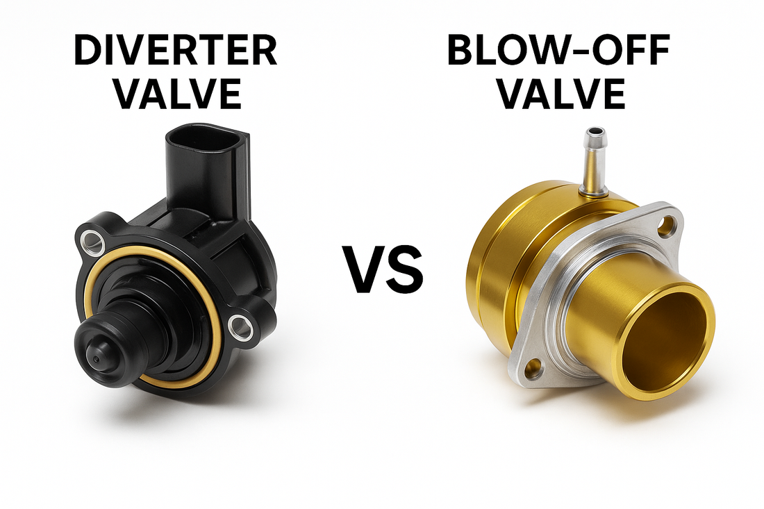 Comparison of a factory Mercedes electronic diverter valve next to an aftermarket blow-off valve showing internal design differences
