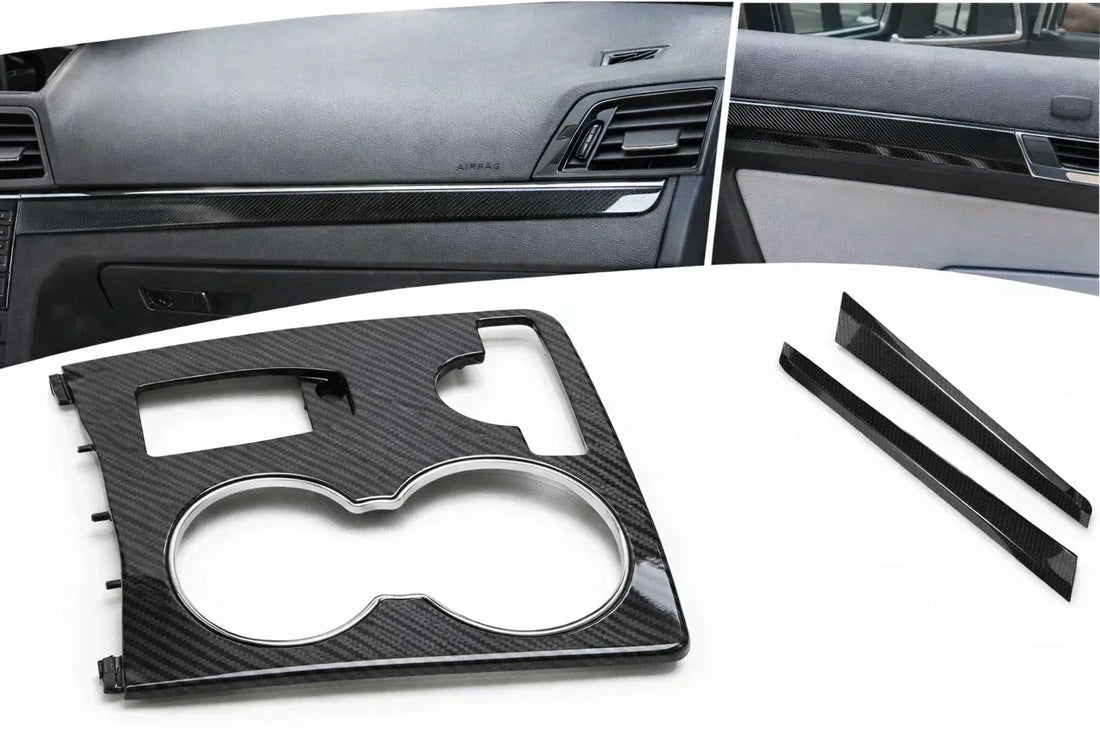 7-piece stainless steel carbon fiber style interior trim bundle for Mercedes E-Class Coupe (C207) and Cabriolet (A207) 2010-2017
